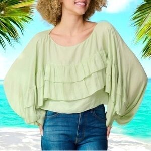 Mustard Seed Celery Green Wide Sleeve Beautiful Crop Top NWOT